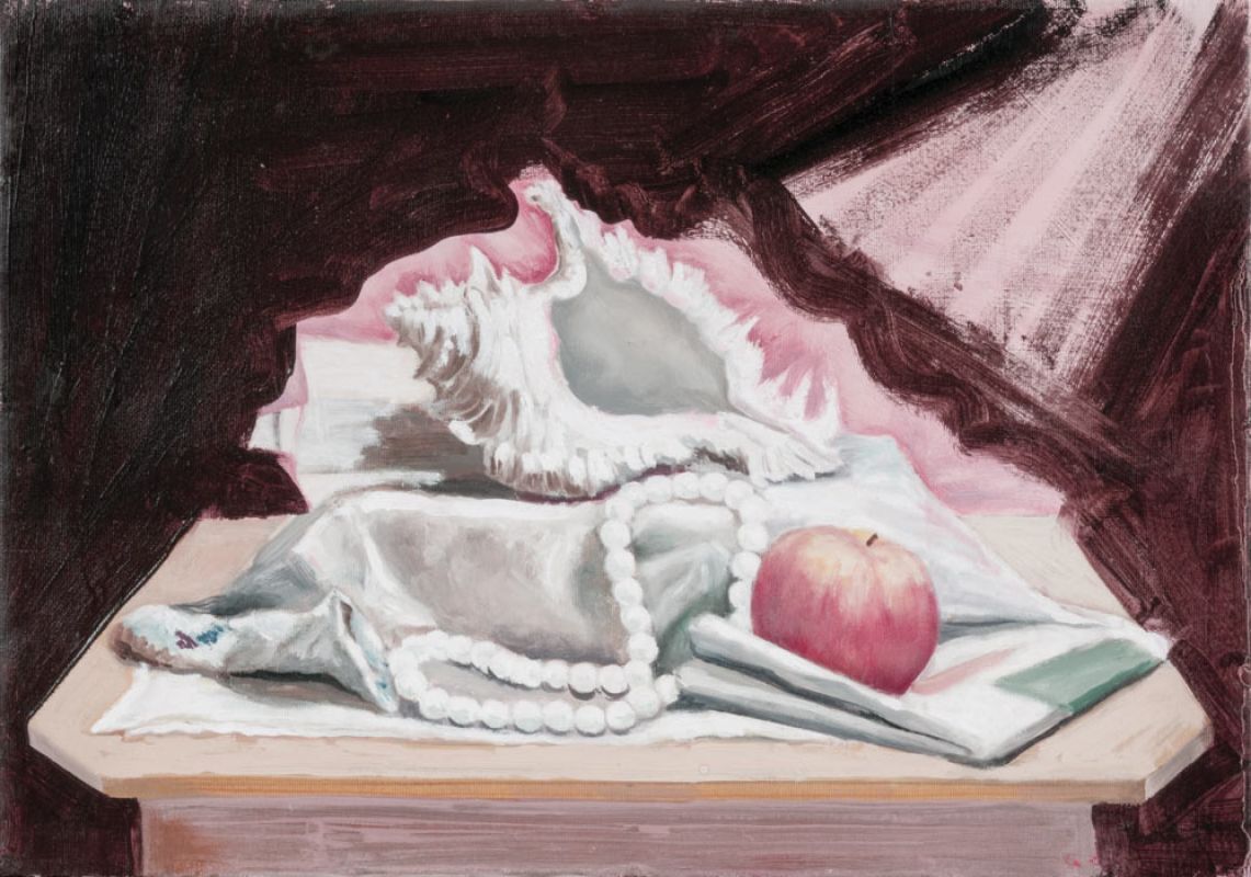 Natura morta con conchiglia e giornale, 2011, olio su tela.