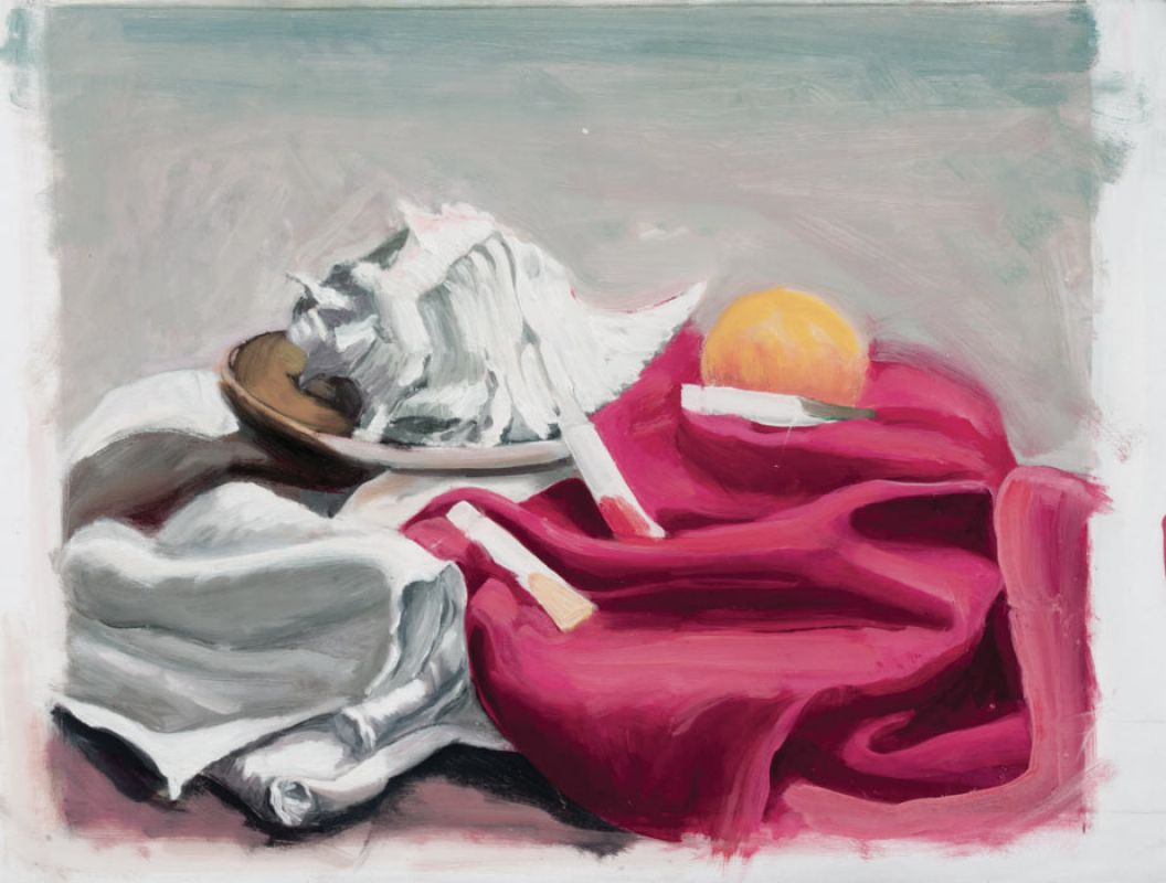 Natura morta con conchiglia e drappo rosso, 2011, olio su tela.